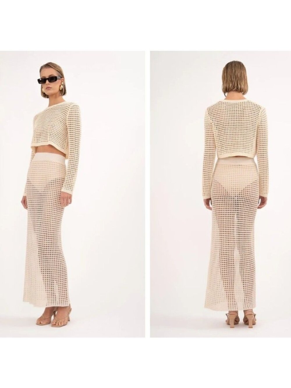 Nonchalant Label Brianna Maxi Skirt & Jovi Crop Top Set Open Knit Beige XL NWT